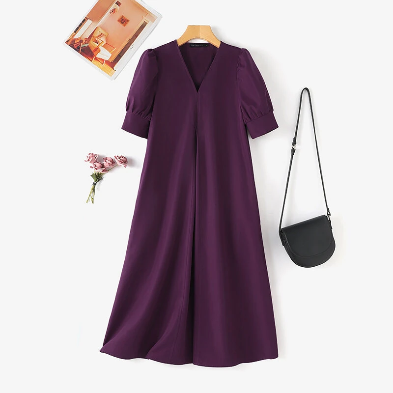 (image for) ZANZEA Women Vintage Fashion Solid Casual V-Neck Short Sleeve Dress Loose Fit with Side Pockets