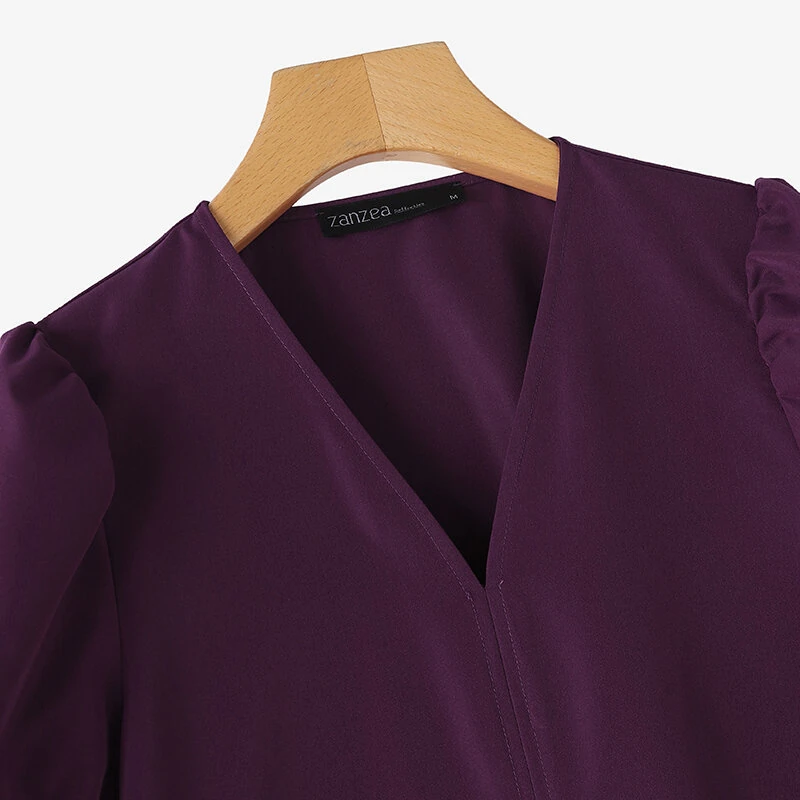 (image for) ZANZEA Women Vintage Fashion Solid Casual V-Neck Short Sleeve Dress Loose Fit with Side Pockets