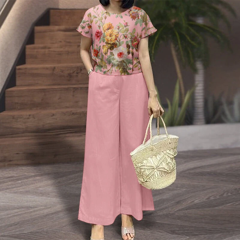 (image for) ZANZEA Women's 2pcs Suits Floral Short Sleeve O-Neck Top Elastic Waist Wide Leg Trousers Vintage Sets