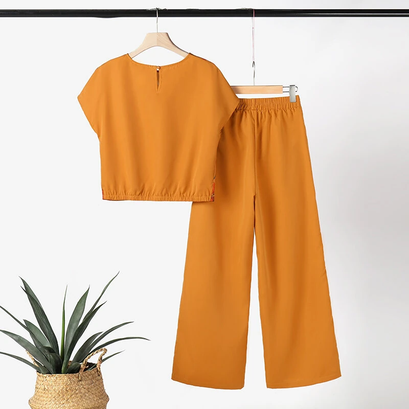 (image for) ZANZEA Women's 2pcs Suits Floral Short Sleeve O-Neck Top Elastic Waist Wide Leg Trousers Vintage Sets