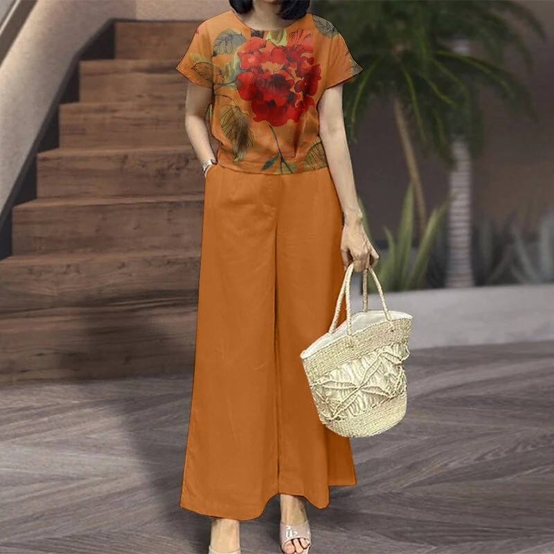 (image for) ZANZEA Women's 2pcs Suits Floral Short Sleeve O-Neck Top Elastic Waist Wide Leg Trousers Vintage Sets