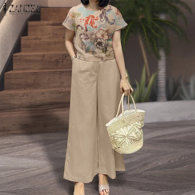 (image for) ZANZEA Women's 2pcs Suits Floral Short Sleeve O-Neck Top Elastic Waist Wide Leg Trousers Vintage Sets