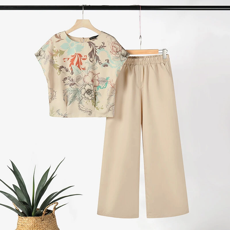 (image for) ZANZEA Women's 2pcs Suits Floral Short Sleeve O-Neck Top Elastic Waist Wide Leg Trousers Vintage Sets