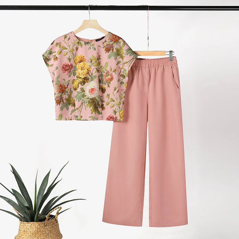 (image for) ZANZEA Women's 2pcs Suits Floral Short Sleeve O-Neck Top Elastic Waist Wide Leg Trousers Vintage Sets