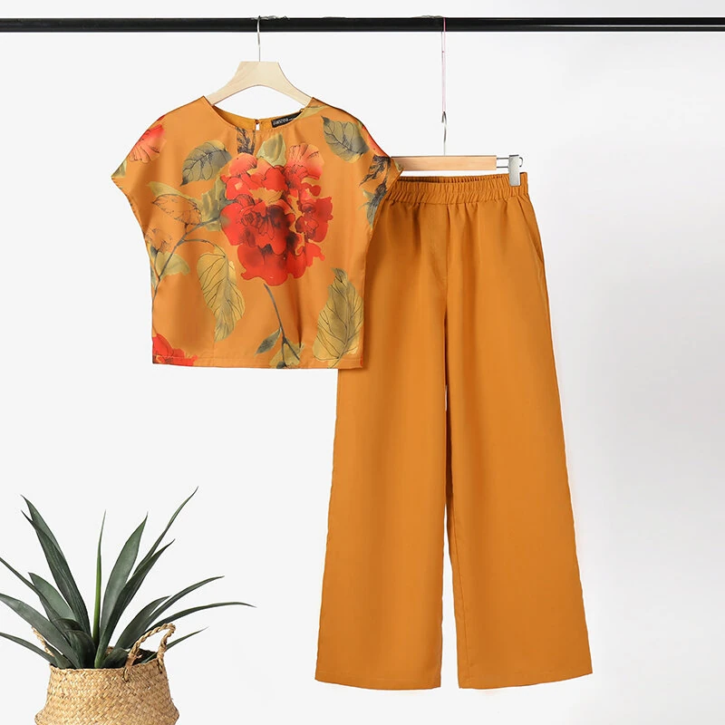 (image for) ZANZEA Women's 2pcs Suits Floral Short Sleeve O-Neck Top Elastic Waist Wide Leg Trousers Vintage Sets