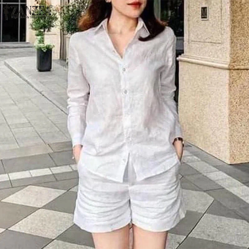 ZANZEA Women's 2pcs Suits Vintage Casual Long Sleeve Lapel Shirt Elastic Waist A-Line Shorts Cotton Linen Sets (image for) ZANZEA Women's 2pcs Suits Vintage Casual Long Sleeve Lapel Shirt Elastic Waist A-Line Shorts Cotton Linen Sets