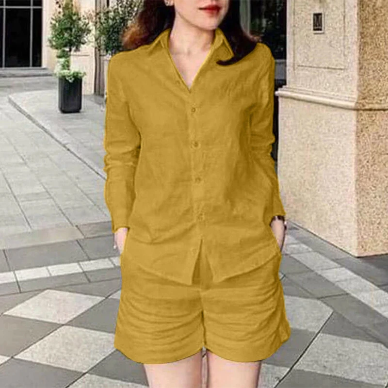 (image for) ZANZEA Women's 2pcs Suits Vintage Casual Long Sleeve Lapel Shirt Elastic Waist A-Line Shorts Cotton Linen Sets