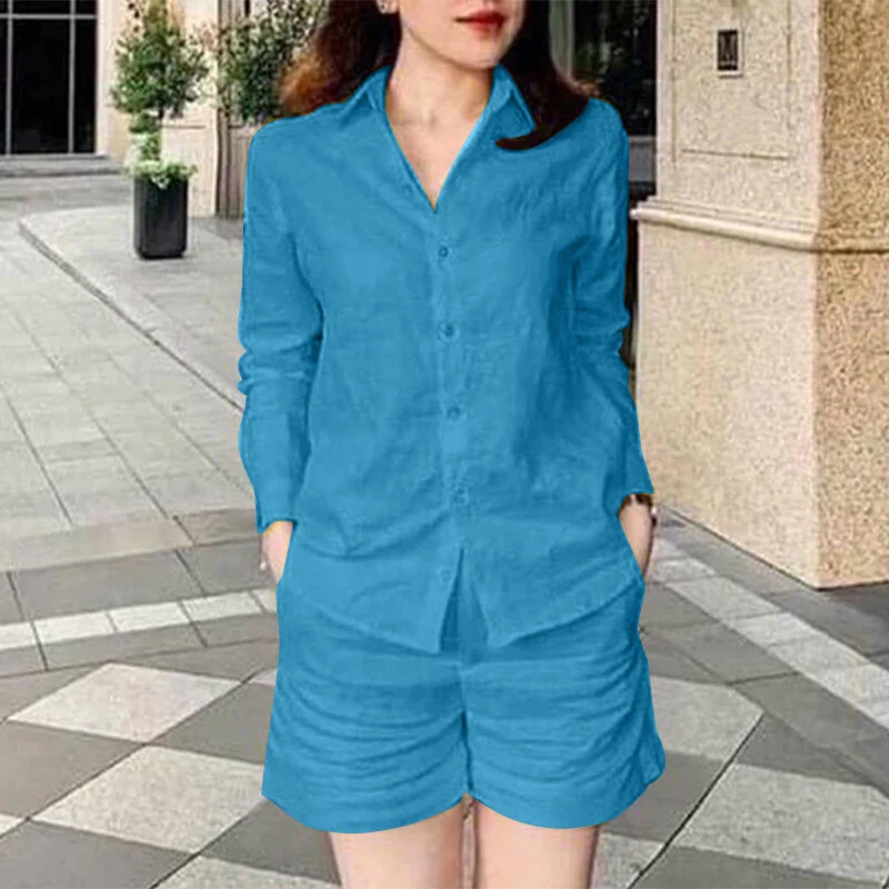 (image for) ZANZEA Women's 2pcs Suits Vintage Casual Long Sleeve Lapel Shirt Elastic Waist A-Line Shorts Cotton Linen Sets