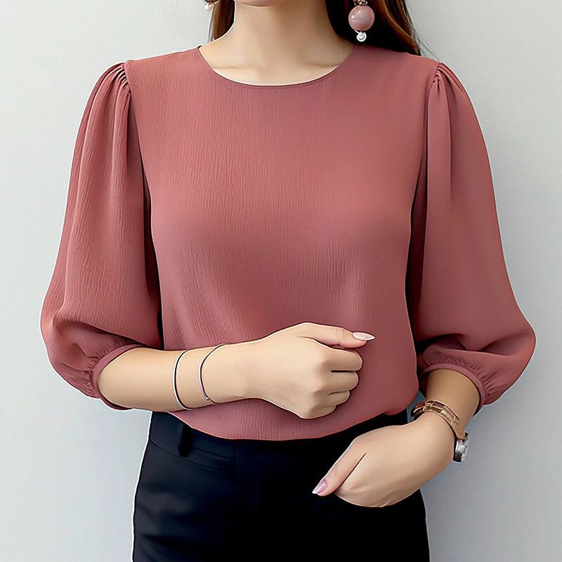 (image for) ZANZEA Women's Blouse Casual Lantern Sleeve Round Neck Shirt Plain Party Commute Pullover Tops