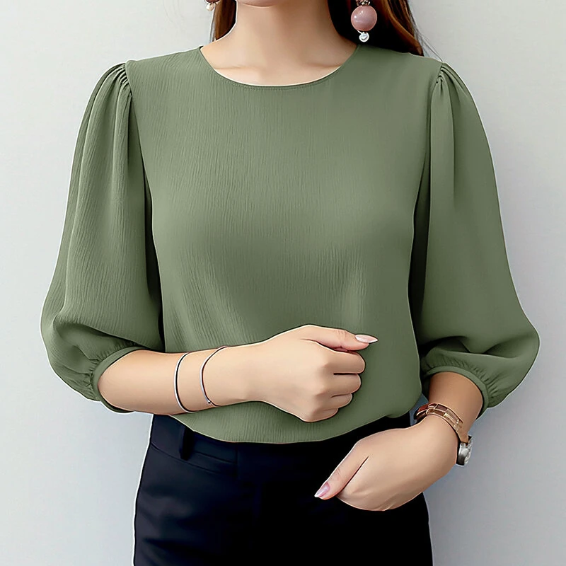 (image for) ZANZEA Women's Blouse Casual Lantern Sleeve Round Neck Shirt Plain Party Commute Pullover Tops