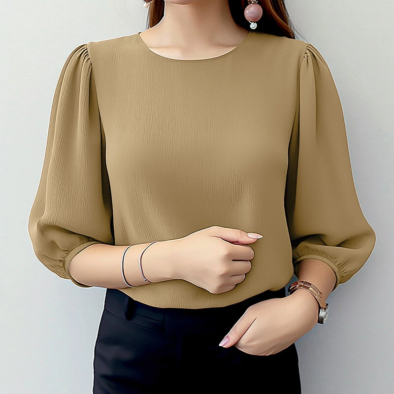 (image for) ZANZEA Women's Blouse Casual Lantern Sleeve Round Neck Shirt Plain Party Commute Pullover Tops