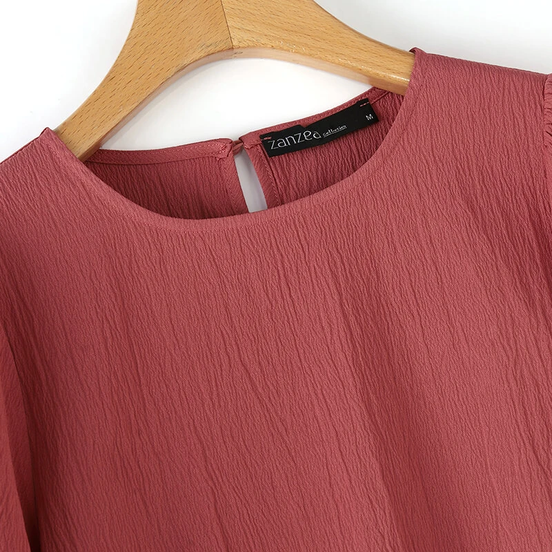 (image for) ZANZEA Women's Blouse Casual Lantern Sleeve Round Neck Shirt Plain Party Commute Pullover Tops