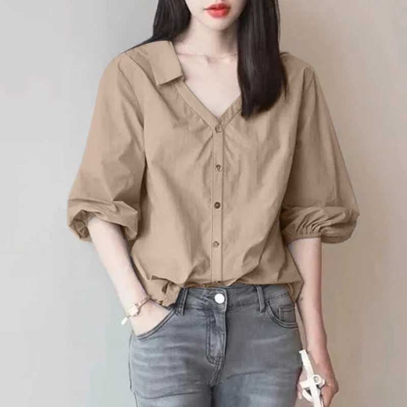 (image for) ZANZEA Women's Blouse Commute New Fashion Lantern Sleeve V-Neck Lapel Solid Office Top Shirt