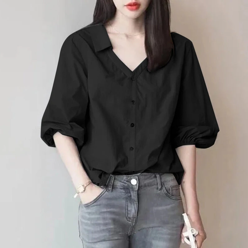 (image for) ZANZEA Women's Blouse Commute New Fashion Lantern Sleeve V-Neck Lapel Solid Office Top Shirt