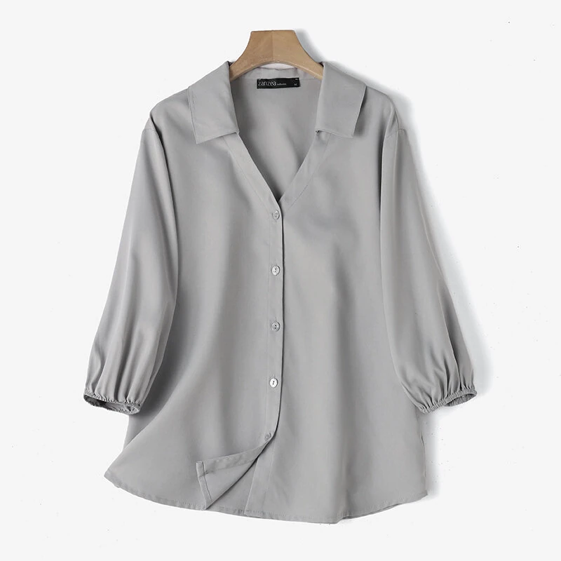(image for) ZANZEA Women's Blouse Commute New Fashion Lantern Sleeve V-Neck Lapel Solid Office Top Shirt