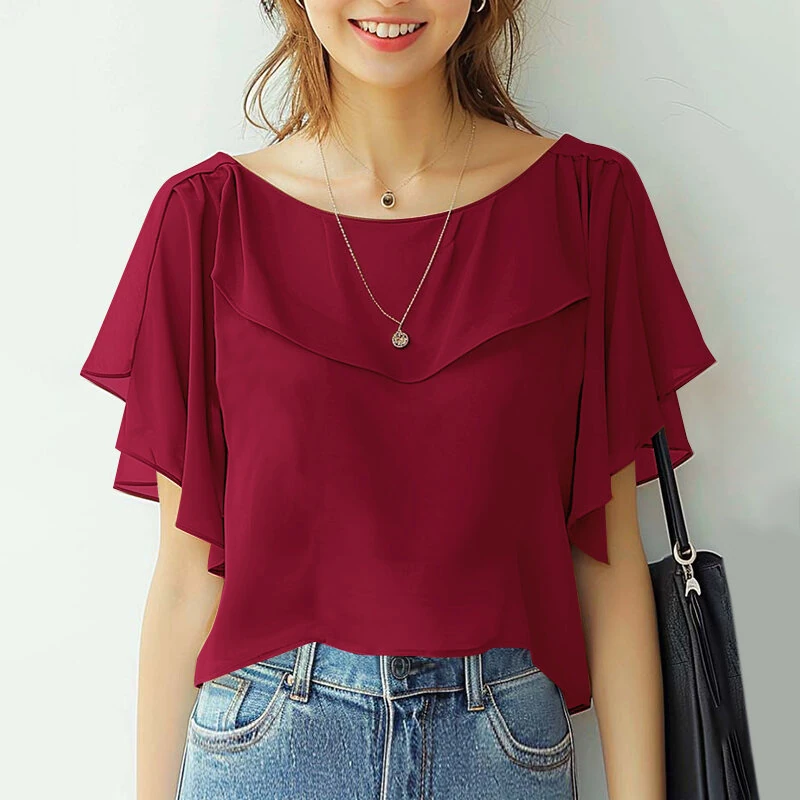 (image for) ZANZEA Women's Blouse Elegant Ruffle Sleeve Solid Crew Neck Plain Summer Shirt Pullover Top