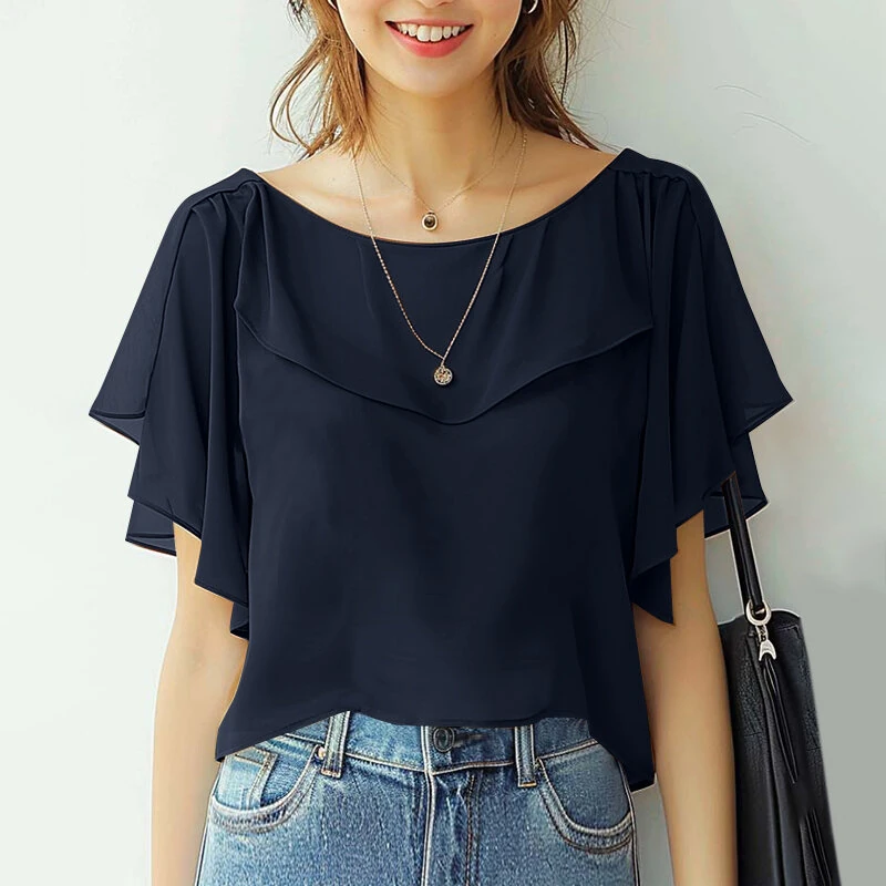 (image for) ZANZEA Women's Blouse Elegant Ruffle Sleeve Solid Crew Neck Plain Summer Shirt Pullover Top