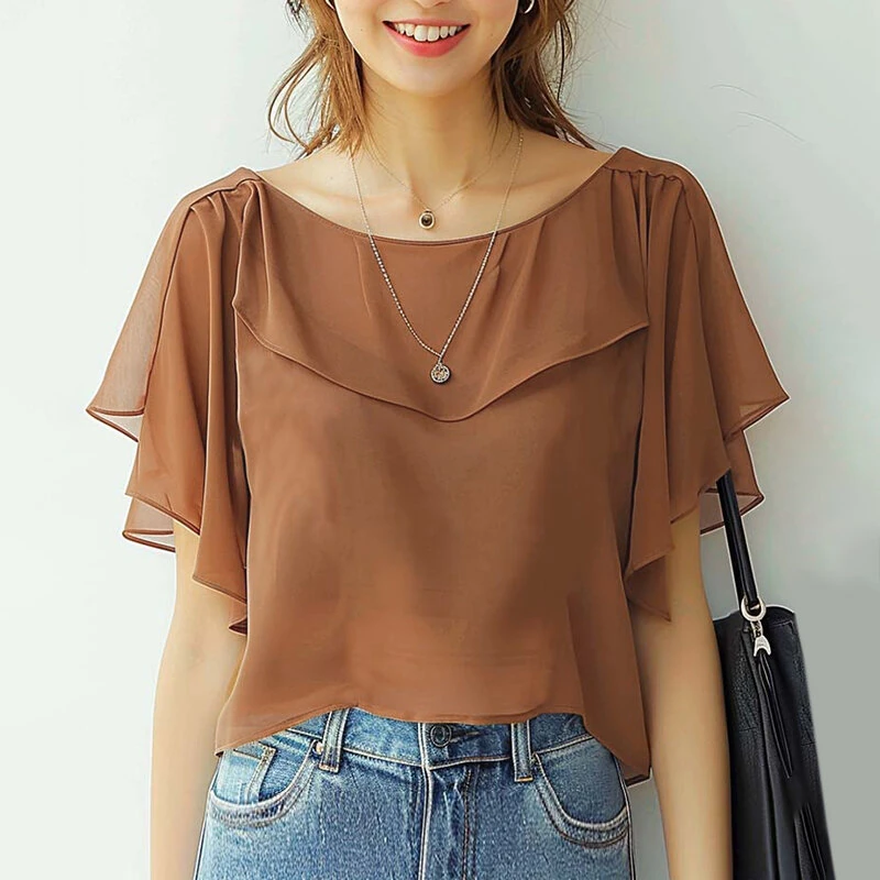 (image for) ZANZEA Women's Blouse Elegant Ruffle Sleeve Solid Crew Neck Plain Summer Shirt Pullover Top