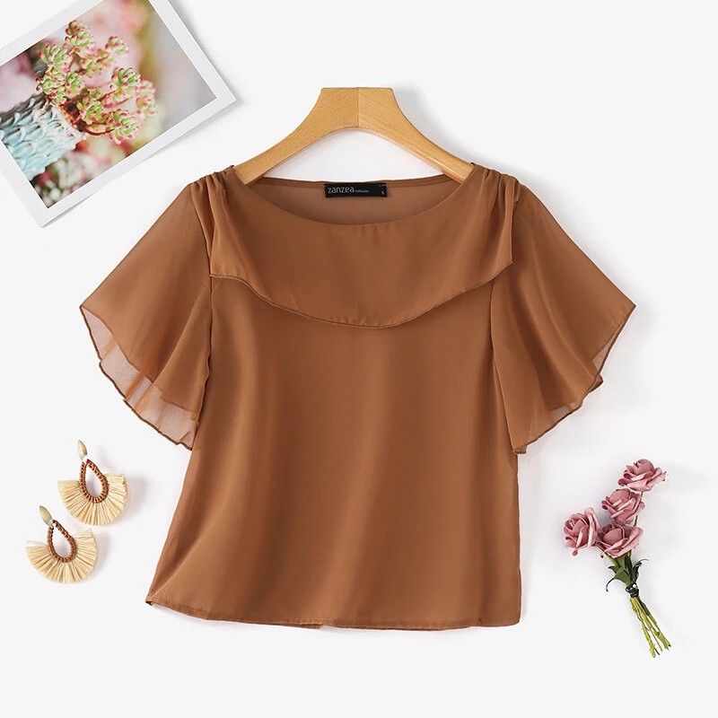 (image for) ZANZEA Women's Blouse Elegant Ruffle Sleeve Solid Crew Neck Plain Summer Shirt Pullover Top
