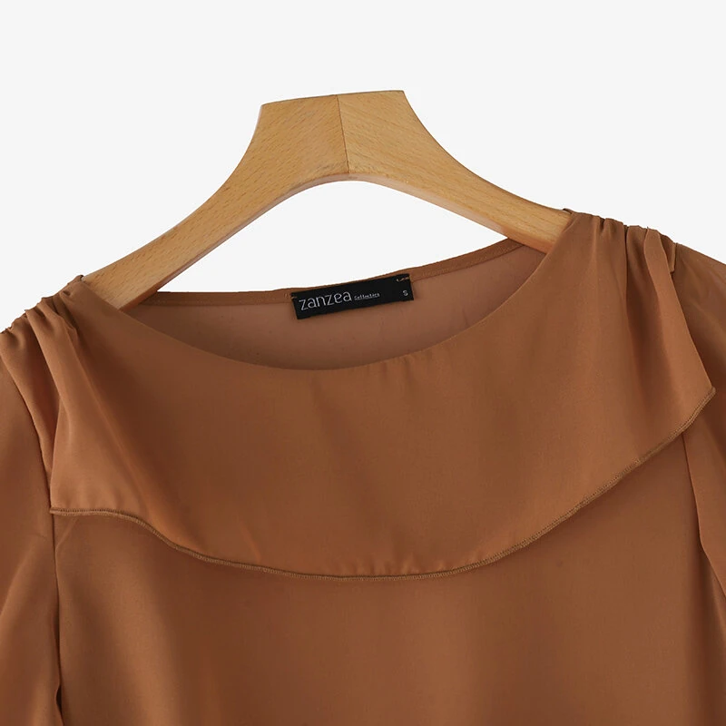(image for) ZANZEA Women's Blouse Elegant Ruffle Sleeve Solid Crew Neck Plain Summer Shirt Pullover Top