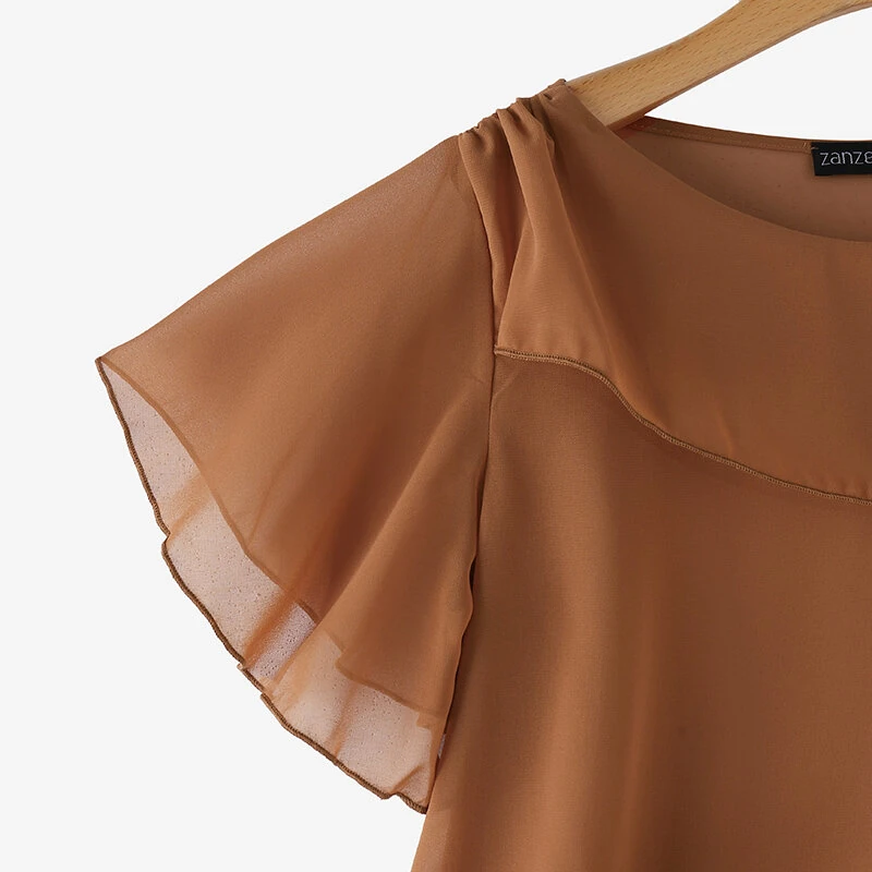 (image for) ZANZEA Women's Blouse Elegant Ruffle Sleeve Solid Crew Neck Plain Summer Shirt Pullover Top