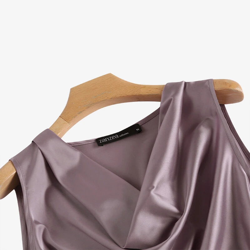 (image for) ZANZEA Women's Blouses Elegant Cowl Neck Tanks Tops Office Work Sleeveless Satin Camisoles