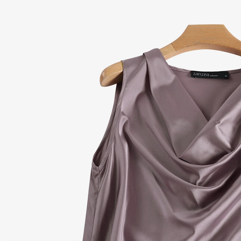 (image for) ZANZEA Women's Blouses Elegant Cowl Neck Tanks Tops Office Work Sleeveless Satin Camisoles