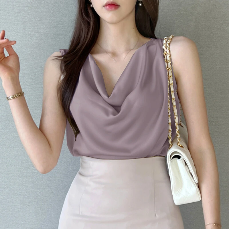 (image for) ZANZEA Women's Blouses Elegant Cowl Neck Tanks Tops Office Work Sleeveless Satin Camisoles