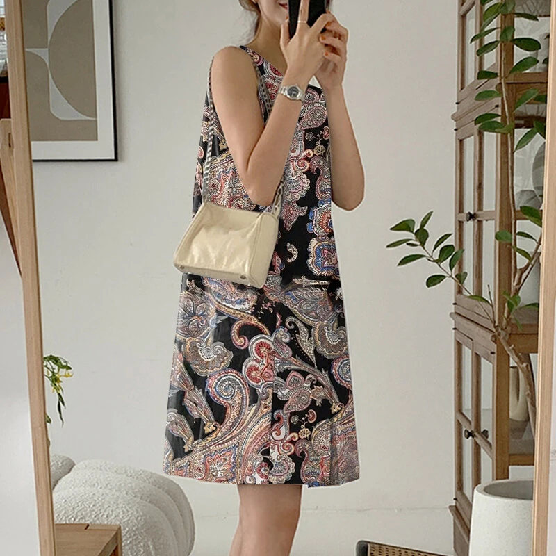 (image for) ZANZEA Women's Bohemian Printed Round Neck Pleated Sundress Loose Sleeveless Midi Dress