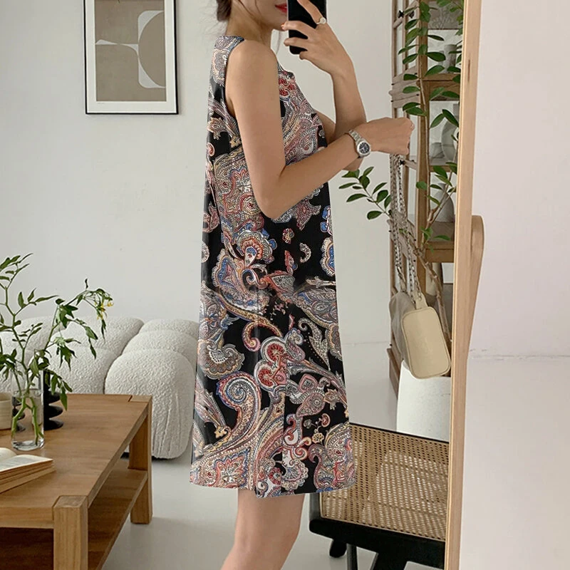 (image for) ZANZEA Women's Bohemian Printed Round Neck Pleated Sundress Loose Sleeveless Midi Dress