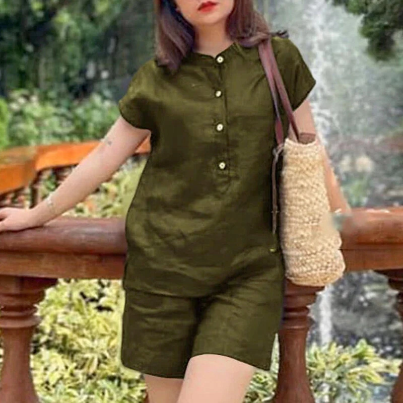 (image for) ZANZEA Womens Casual 2pcs Sets Short Sleeve Top Blouse Elastic Waist Pants Loose Suits