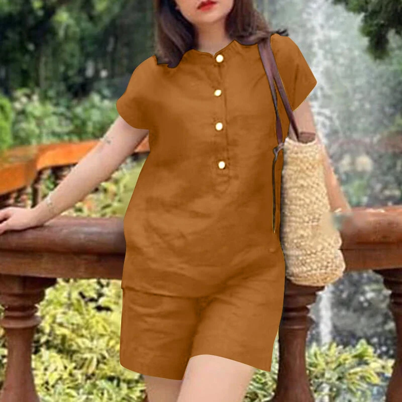 (image for) ZANZEA Womens Casual 2pcs Sets Short Sleeve Top Blouse Elastic Waist Pants Loose Suits