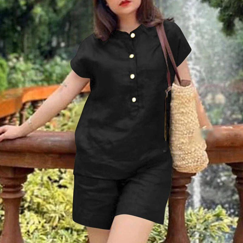 (image for) ZANZEA Womens Casual 2pcs Sets Short Sleeve Top Blouse Elastic Waist Pants Loose Suits