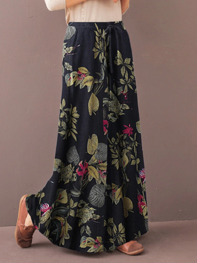 (image for) ZANZEA Women's Culottes Loose Wide Leg Pants Floral Graphic Elastic Waist Palazzo Pants Business Casual Cropped Trousers with Pockets