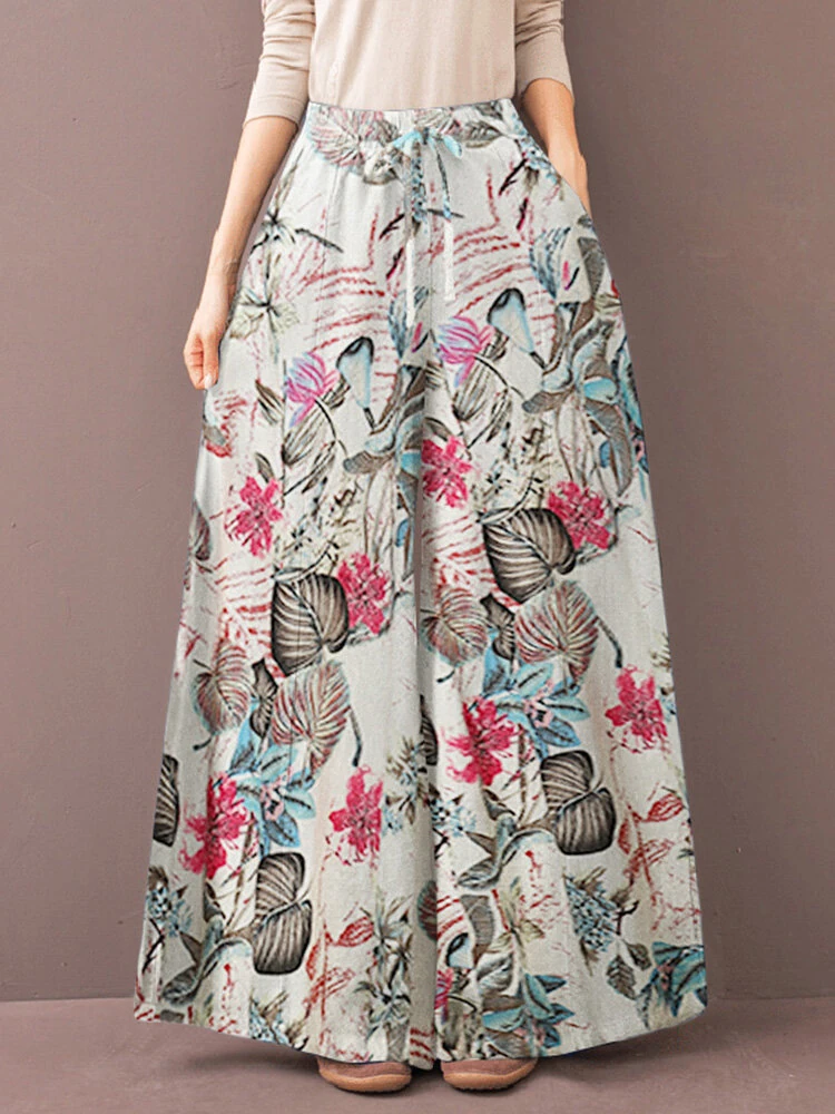 (image for) ZANZEA Women's Culottes Loose Wide Leg Pants Floral Graphic Elastic Waist Palazzo Pants Business Casual Cropped Trousers with Pockets
