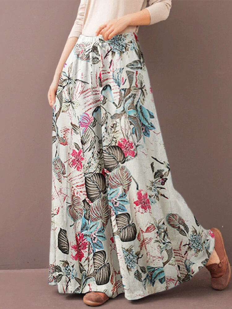 (image for) ZANZEA Women's Culottes Loose Wide Leg Pants Floral Graphic Elastic Waist Palazzo Pants Business Casual Cropped Trousers with Pockets