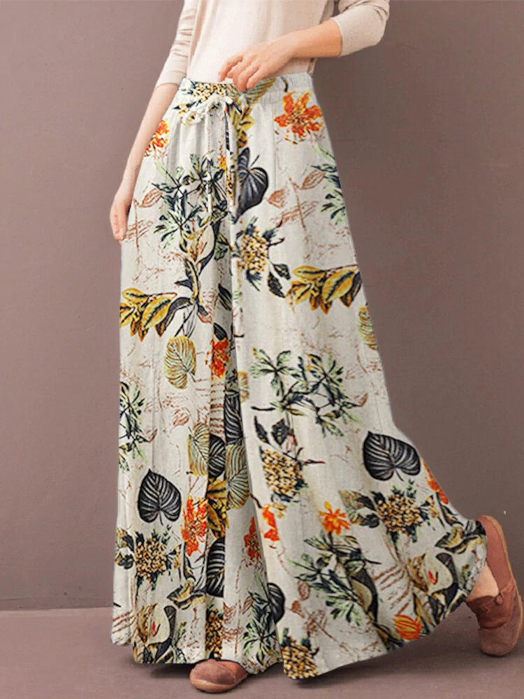 (image for) ZANZEA Women's Culottes Loose Wide Leg Pants Floral Graphic Elastic Waist Palazzo Pants Business Casual Cropped Trousers with Pockets
