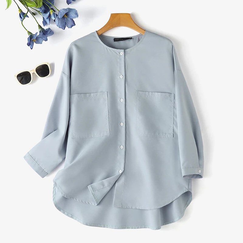 (image for) ZANZEA Womens Daily Casual Crew Neck Puff Sleeve Shirts Office Lady Button Up Solid Blouses with Pockets