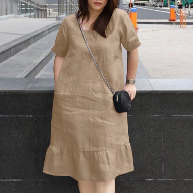 (image for) ZANZEA Women's Dresses Summer Vintage Casual Lantern Sleeve Ruffled Trim Square Neck Loose Solid Dress