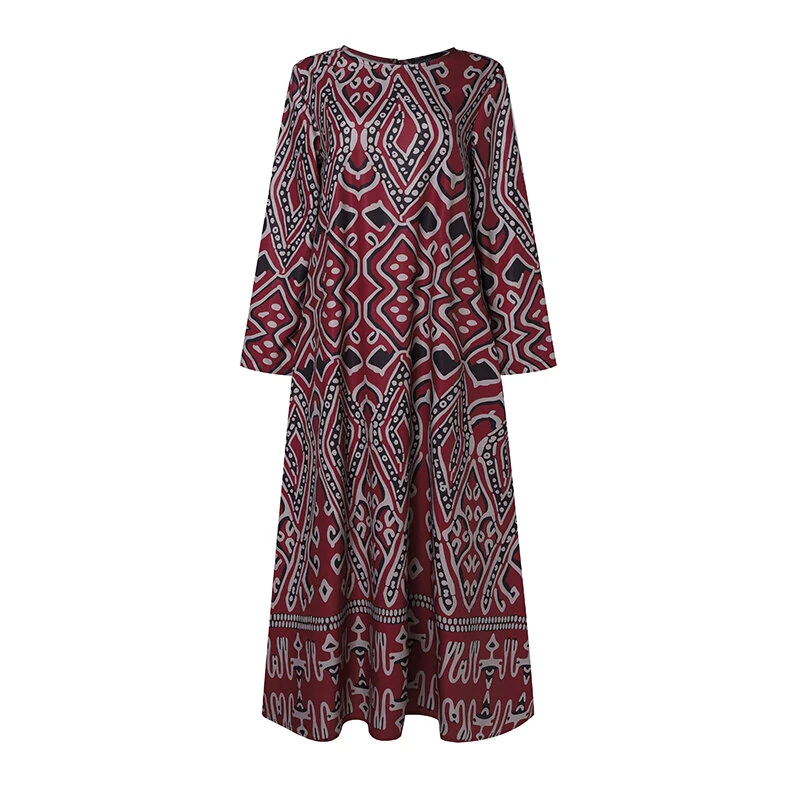 (image for) ZANZEA Womens Ethnic Long Dress Vintage Floral Casual Holiday Long Sleeve O-Neck Maxi Dress