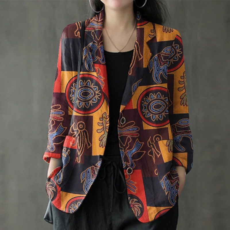 (image for) ZANZEA Womens Ethnic Prints Blazer Vacation Thin Suit Coat Retro Lapel Cotton Linen Printing Long Sleeve Blazer