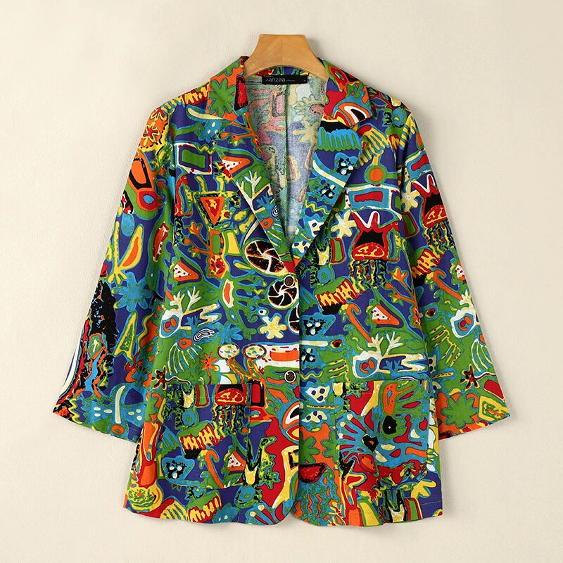 (image for) ZANZEA Womens Ethnic Prints Blazer Vacation Thin Suit Coat Retro Lapel Cotton Linen Printing Long Sleeve Blazer