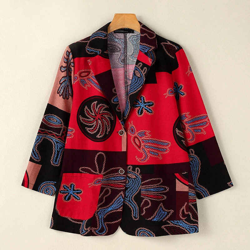 (image for) ZANZEA Womens Ethnic Prints Blazer Vacation Thin Suit Coat Retro Lapel Cotton Linen Printing Long Sleeve Blazer