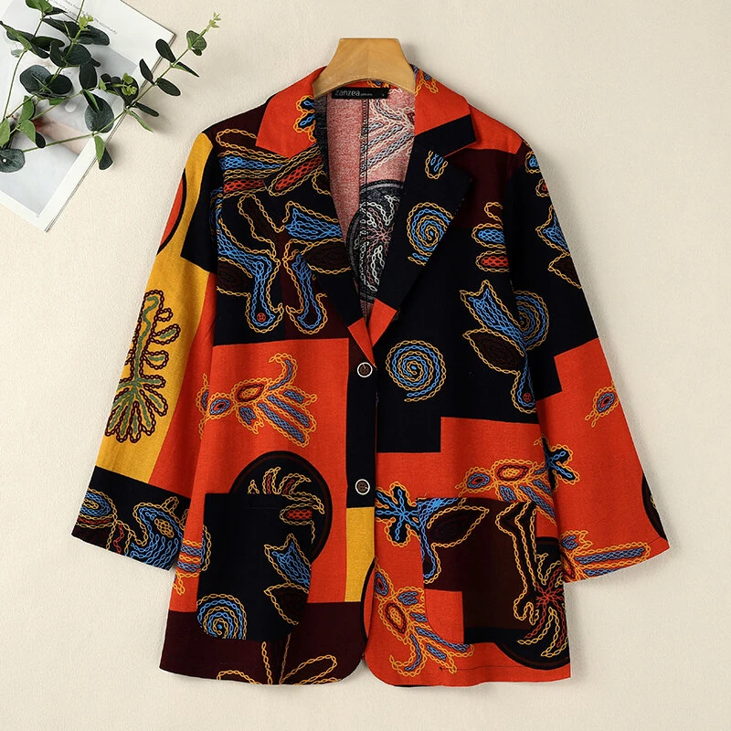 (image for) ZANZEA Womens Ethnic Prints Blazer Vacation Thin Suit Coat Retro Lapel Cotton Linen Printing Long Sleeve Blazer