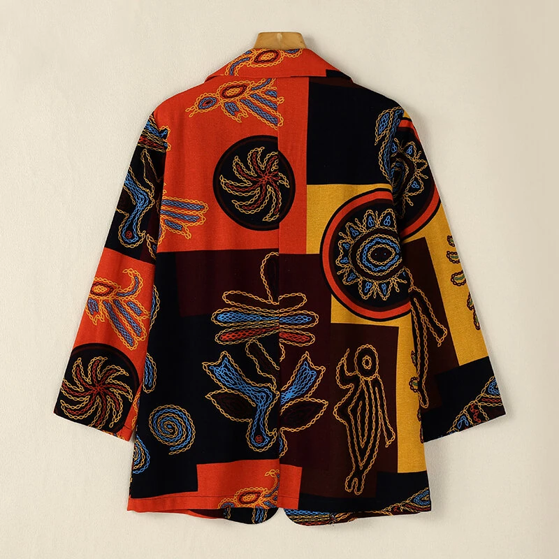 (image for) ZANZEA Womens Ethnic Prints Blazer Vacation Thin Suit Coat Retro Lapel Cotton Linen Printing Long Sleeve Blazer