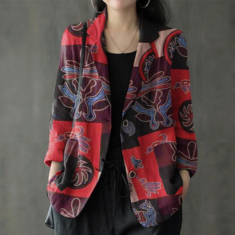 (image for) ZANZEA Womens Ethnic Prints Blazer Vacation Thin Suit Coat Retro Lapel Cotton Linen Printing Long Sleeve Blazer