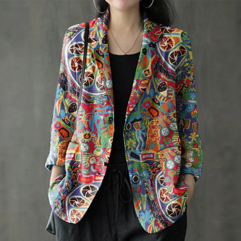 (image for) ZANZEA Womens Ethnic Prints Blazer Vacation Thin Suit Coat Retro Lapel Cotton Linen Printing Long Sleeve Blazer
