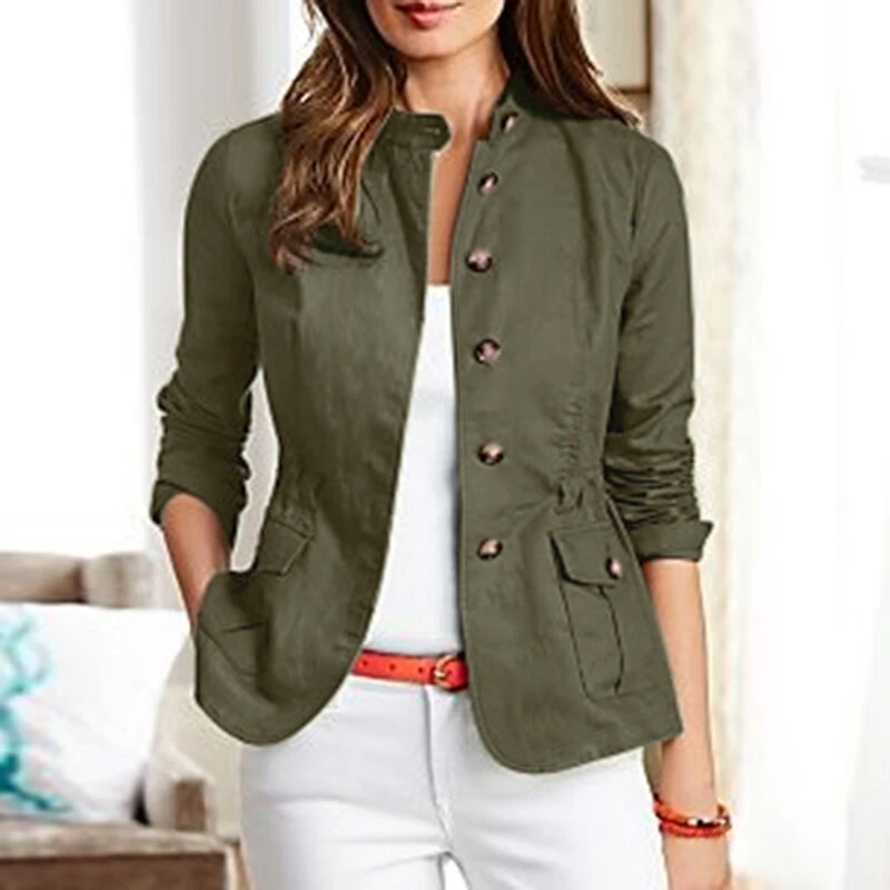 (image for) ZANZEA Womens Fashion Button Down Front Side Pocket Outwear Casual Long Sleeve Stand Collar Jackets