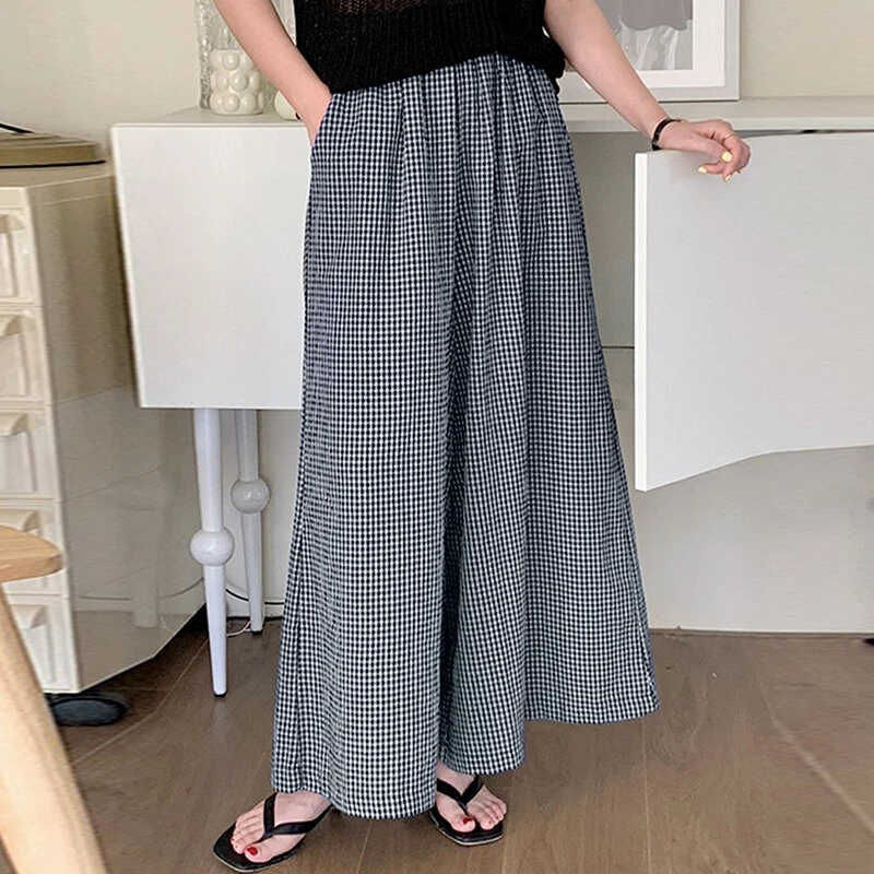 (image for) ZANZEA Womens Geometric Printed Wide Leg Pants Vintage Elastic Waist Straight Pleated Trouser Loose Fit