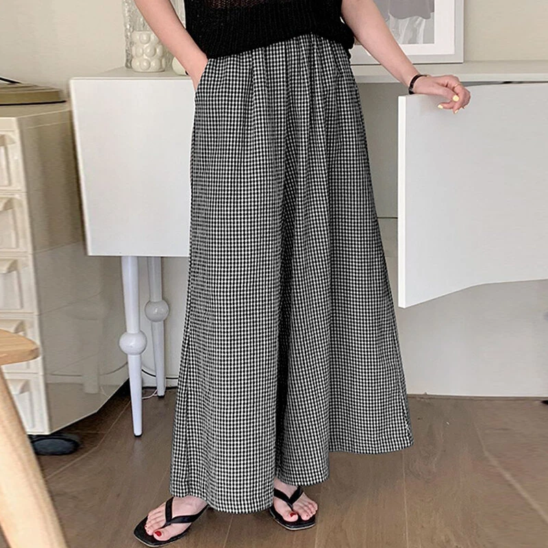 (image for) ZANZEA Womens Geometric Printed Wide Leg Pants Vintage Elastic Waist Straight Pleated Trouser Loose Fit